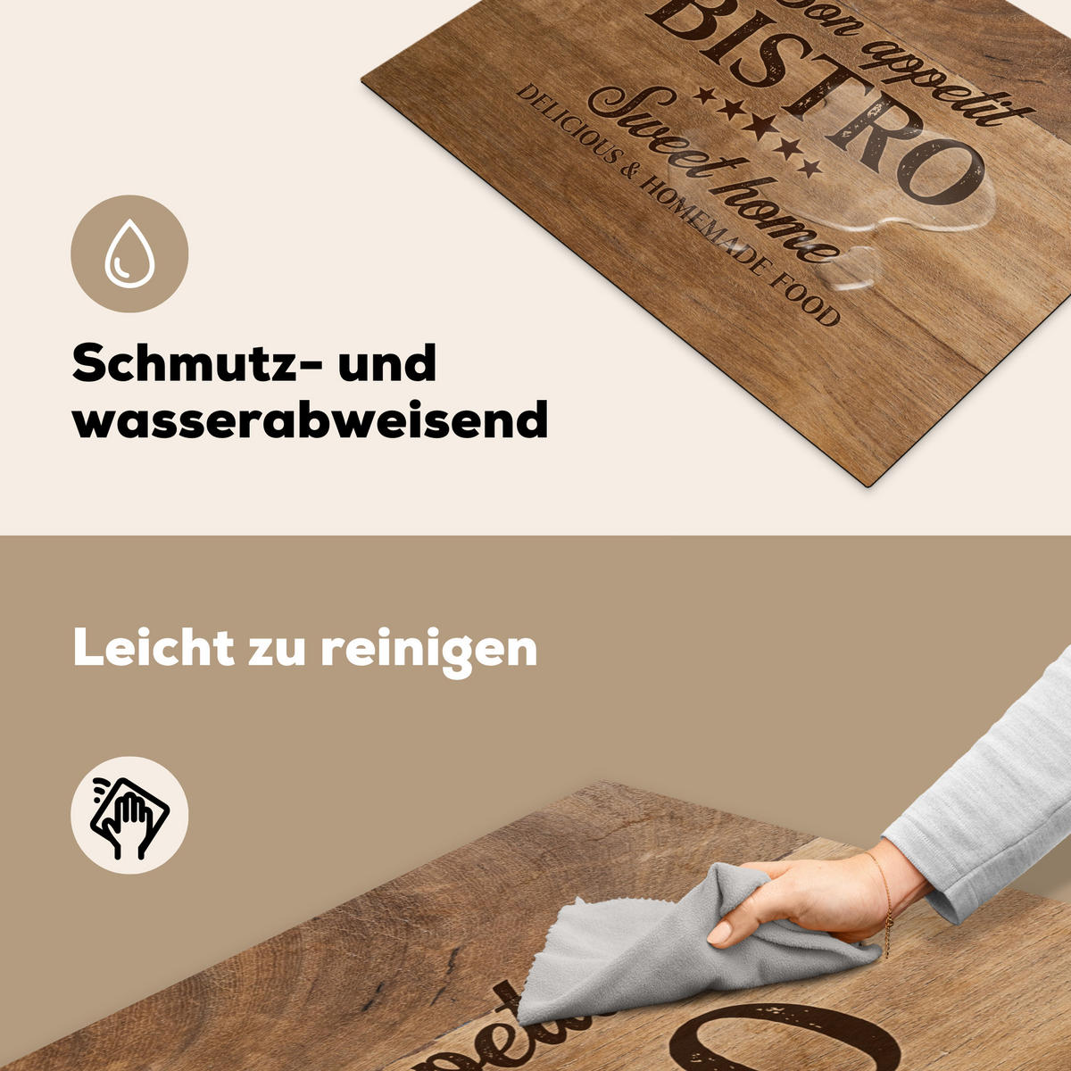 HERDABDECKPLATTE Zitat - Bistro - Guten Appetit - Süßes Zuhause - Holzmaserung 71x52 cm - Braun, Kunststoff (71/0.2/52cm) - MuchoWow