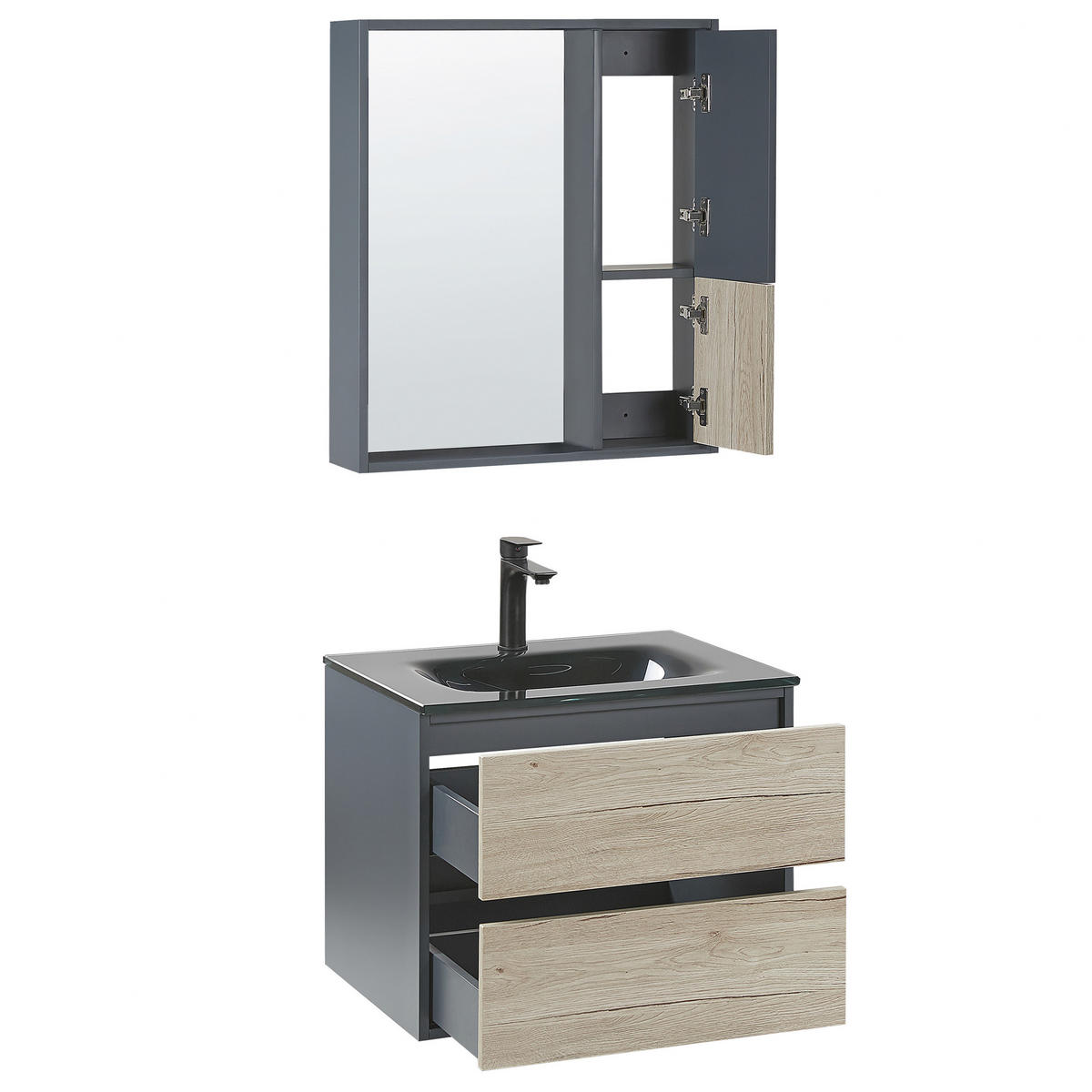 BADMÖBEL Set grau/heller Holzfarbton 60 cm Teruel - Hellbraun/Grau, Holzwerkstoff (60/70/48cm) - Beliani