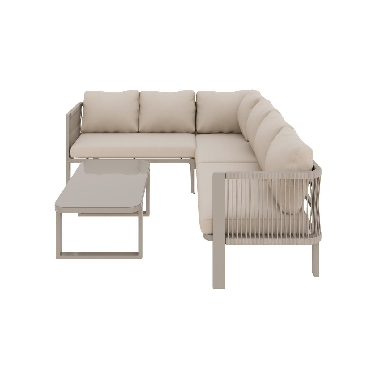 GARTENMÖBEL-SET 225/175/77 cm khaki aus Polyester und Stahl für 6 Personen mit Ecksofa und Glastisch - Beige, Metall - OKWISH