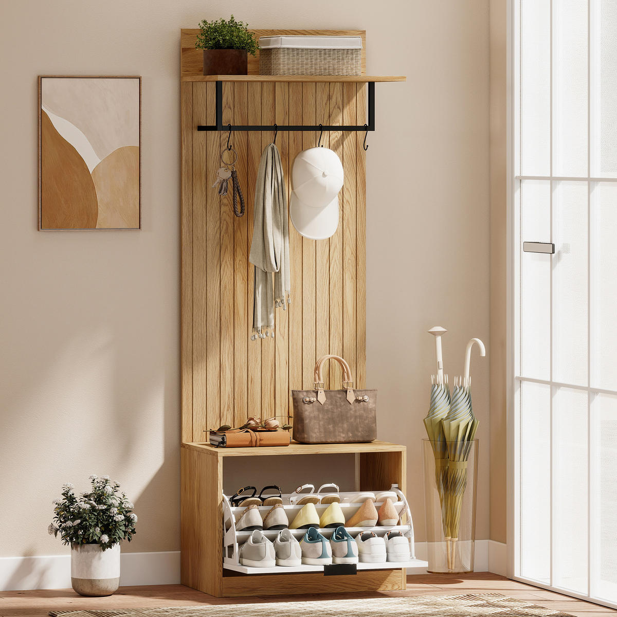 GARDEROBE DE-17895 5-in-1 mit klappbarer Schuhbank Eiche - Eichefarben, Holzwerkstoff (30/170/60cm) - ComfortXL