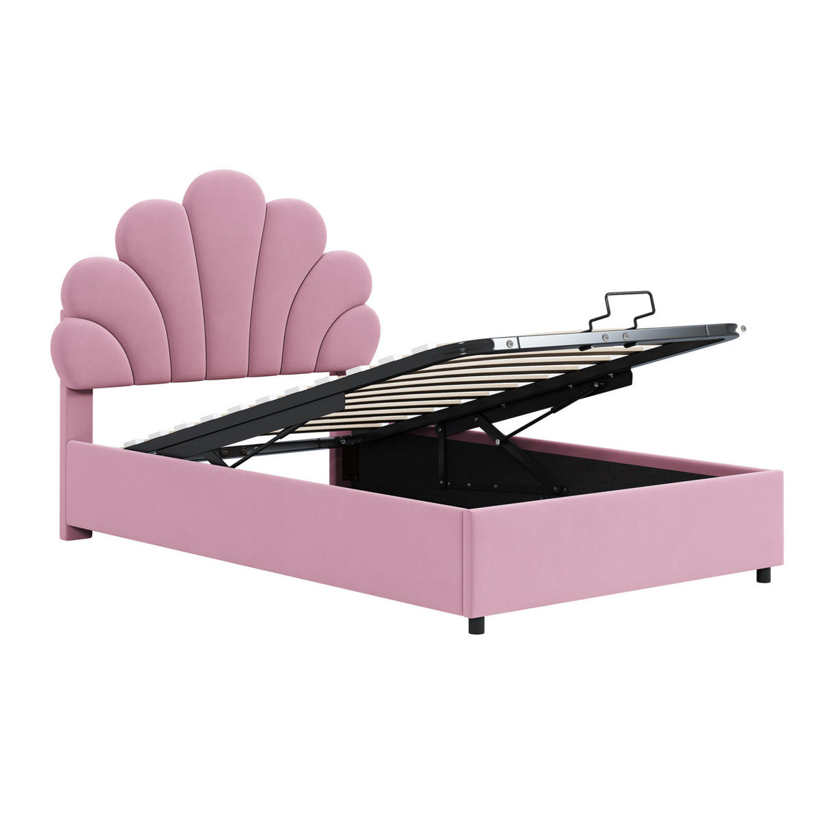 POLSTERBETT 90/200 cm Rosa mit geblümtem Kopfteil und hydraulischem Stauraum aus Samt - Rosa, Textil (90/200cm) - OKWISH
