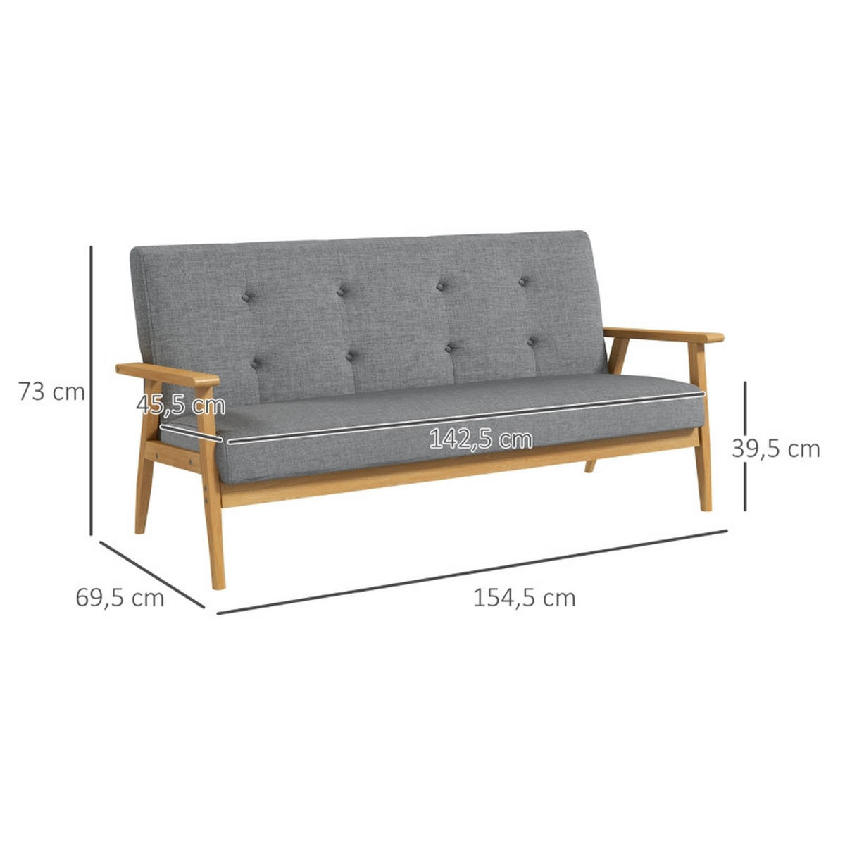 DREISITZER-POLSTERSOFA Leinen Knopfdetails, Holzgestell 154,5/69,5/73 cm Dunkelgrau - Dunkelgrau, Textil (69.5/73/154.5cm) - Redom