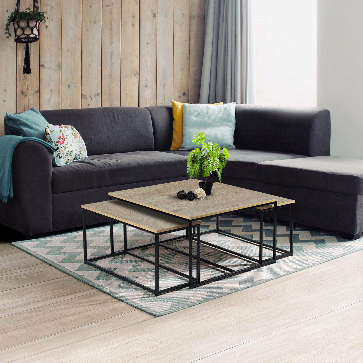 SATZTISCH 3er-Set modern industriell - Eichefarben/Schwarz, Holz/Metall (80/80/45cm) - Urban Meuble