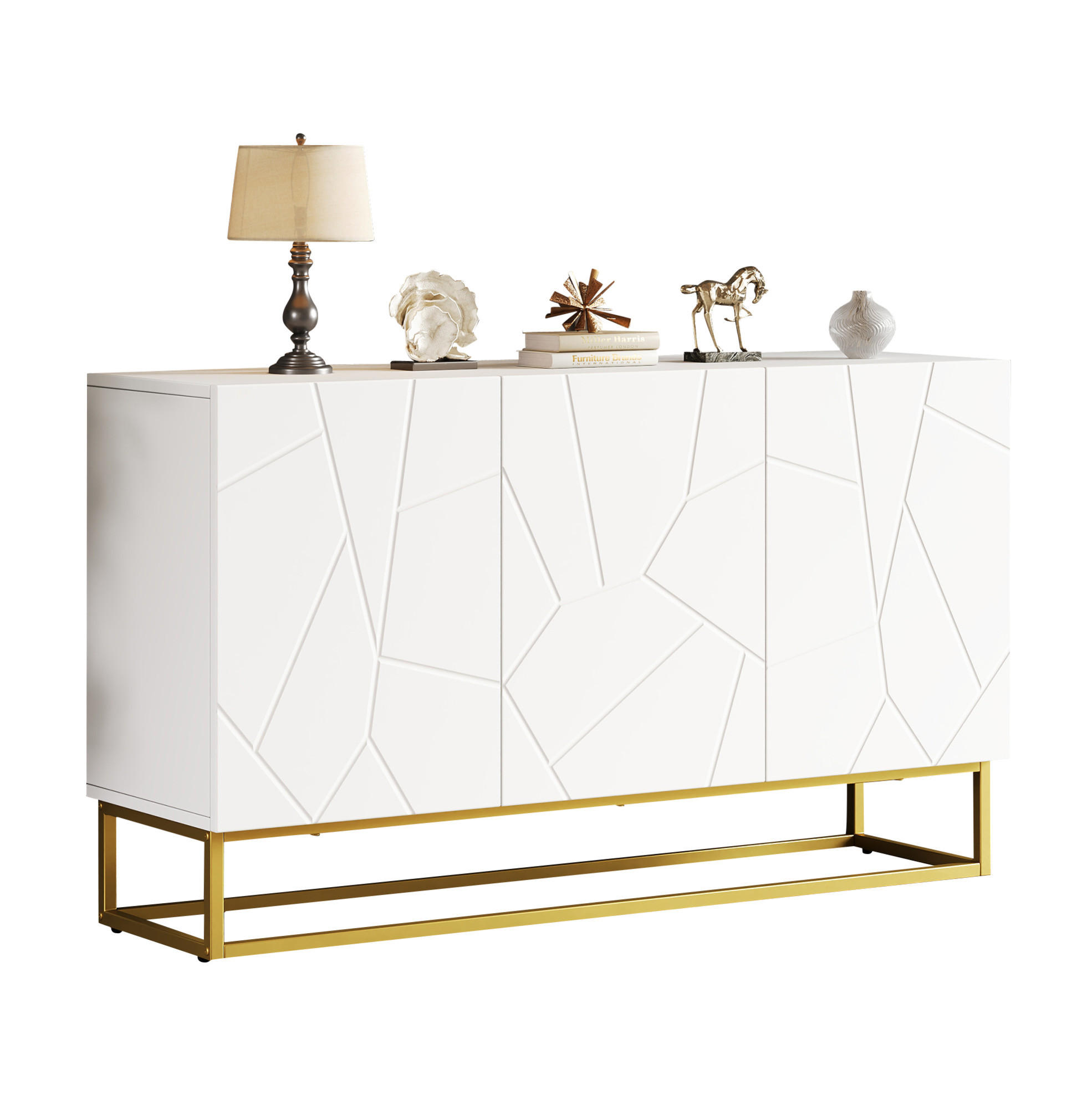 ANRICHTE 130/38/76 cm in Weiß/Gold mit Hochglanzfront und 3 Türen - Weiß, Holzwerkstoff (130/76/35cm) - Flora Grace