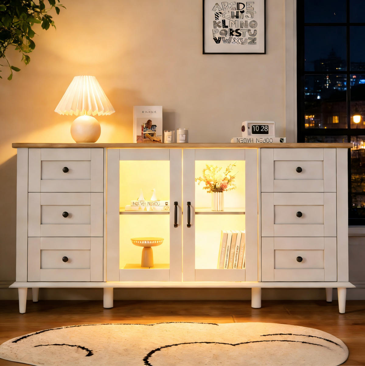 KOMODA 150/40/75 cm biela a v dekore dreva z MDF s LED osvetlením, 6 zásuvkami a akrylovými dvierkami - biela, kompozitné drevo (150/75/40cm) - OKWISH