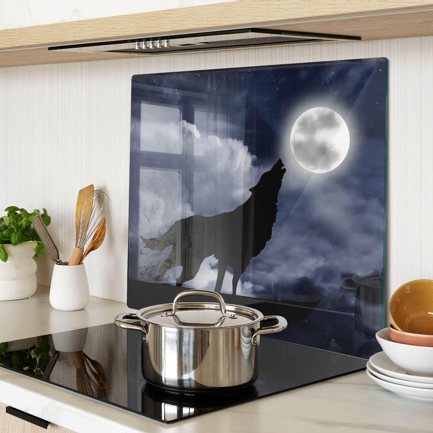 GLASPLATTE 60x52 cm Wolf Heute ist Vollmond - Schwarz, Glas (60/0.4/52cm) - TULUP