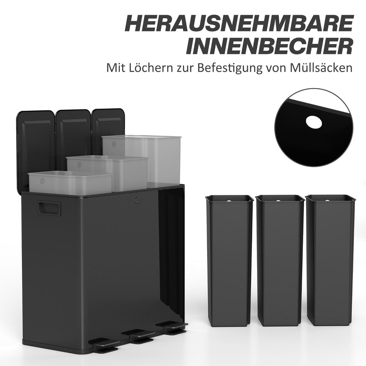 MÜLLTRENNSYSTEM SCHWARZ EDELSTAHL 61,9/36,6/56,7 cm Mülleimer 3 Fächer 60L Soft-Close Küche - Schwarz, Metall (36.6/56.7/61.9cm) - Rolipo