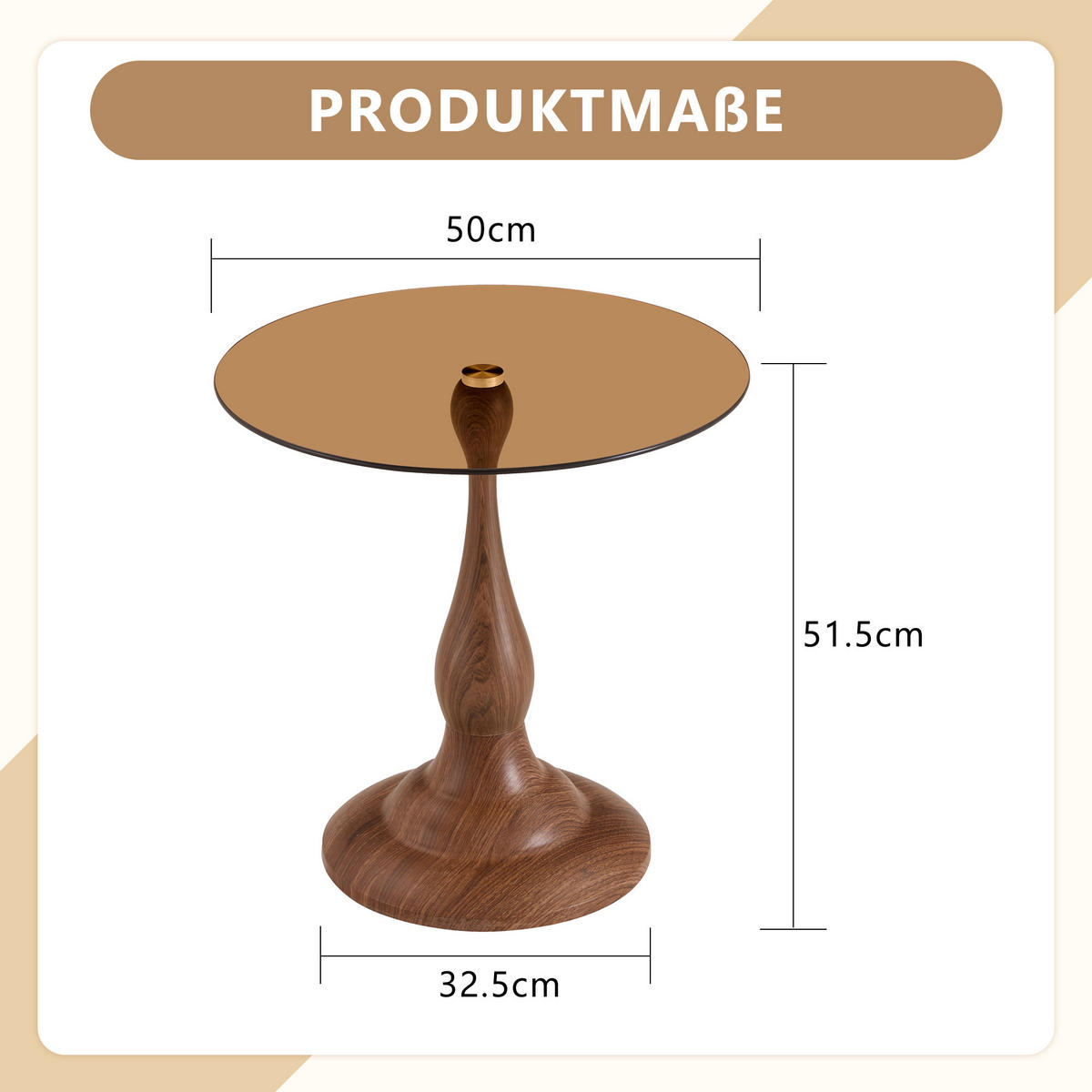 BEISTELLTISCH DE-37360 rund mit Glasplatte und geschwungenem Sockel Braun - Braun, Metall (50/50/51.5cm) - ComfortXL