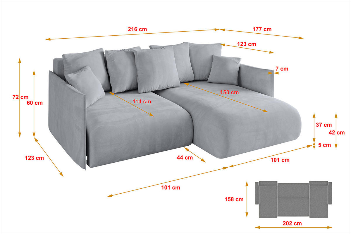 ECKSOFA Ottomane rechts ONESK-L 216x177x72 Hellgrau Velours - Titanfarben/Hellgrau, Holzwerkstoff/Kunststoff (177/216cm) - ALTDECOR