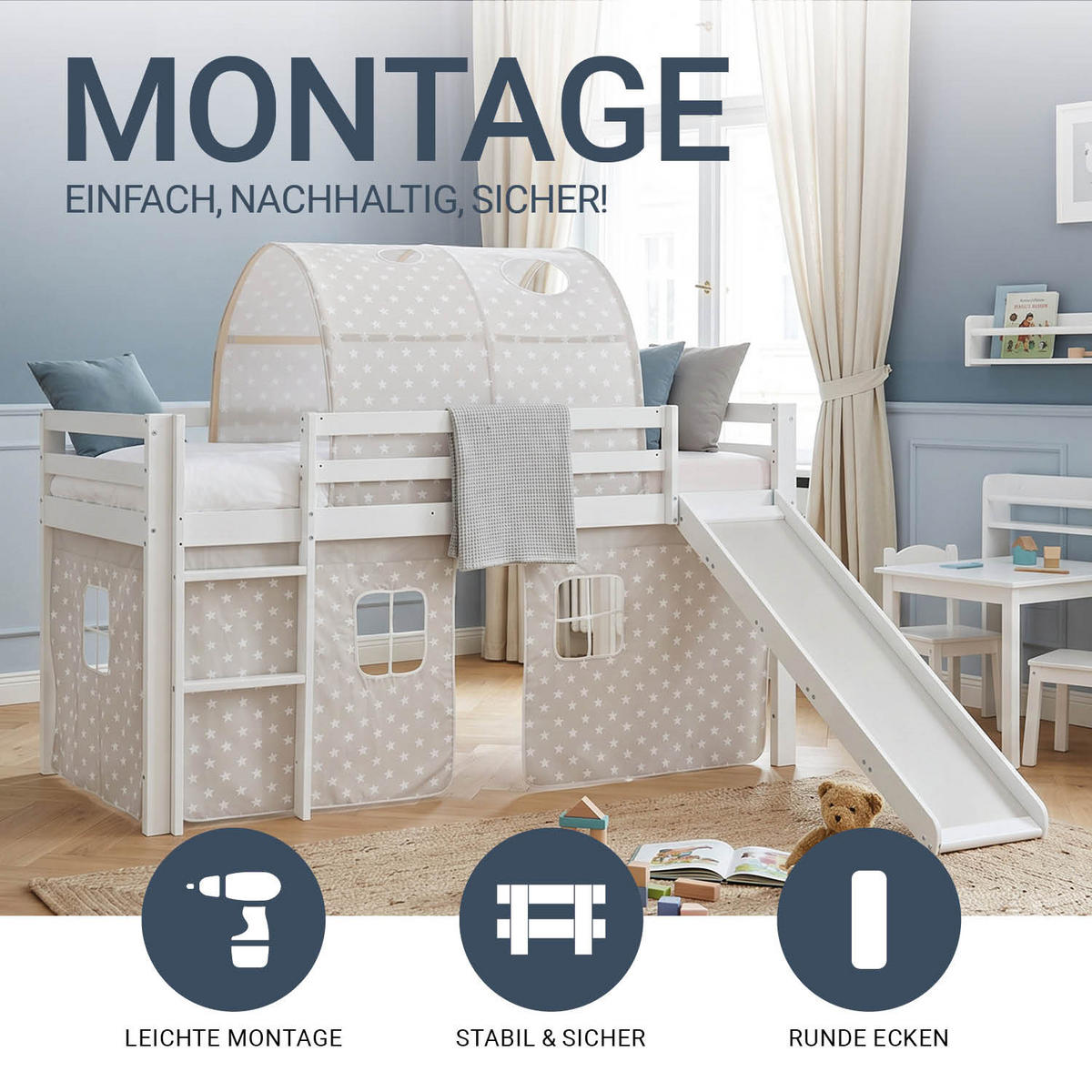 HOCHBETT 90/200 cm in weiß mit Lattenrost und Matratze - Weiß, Holz (90/200cm) - Homestyle4u