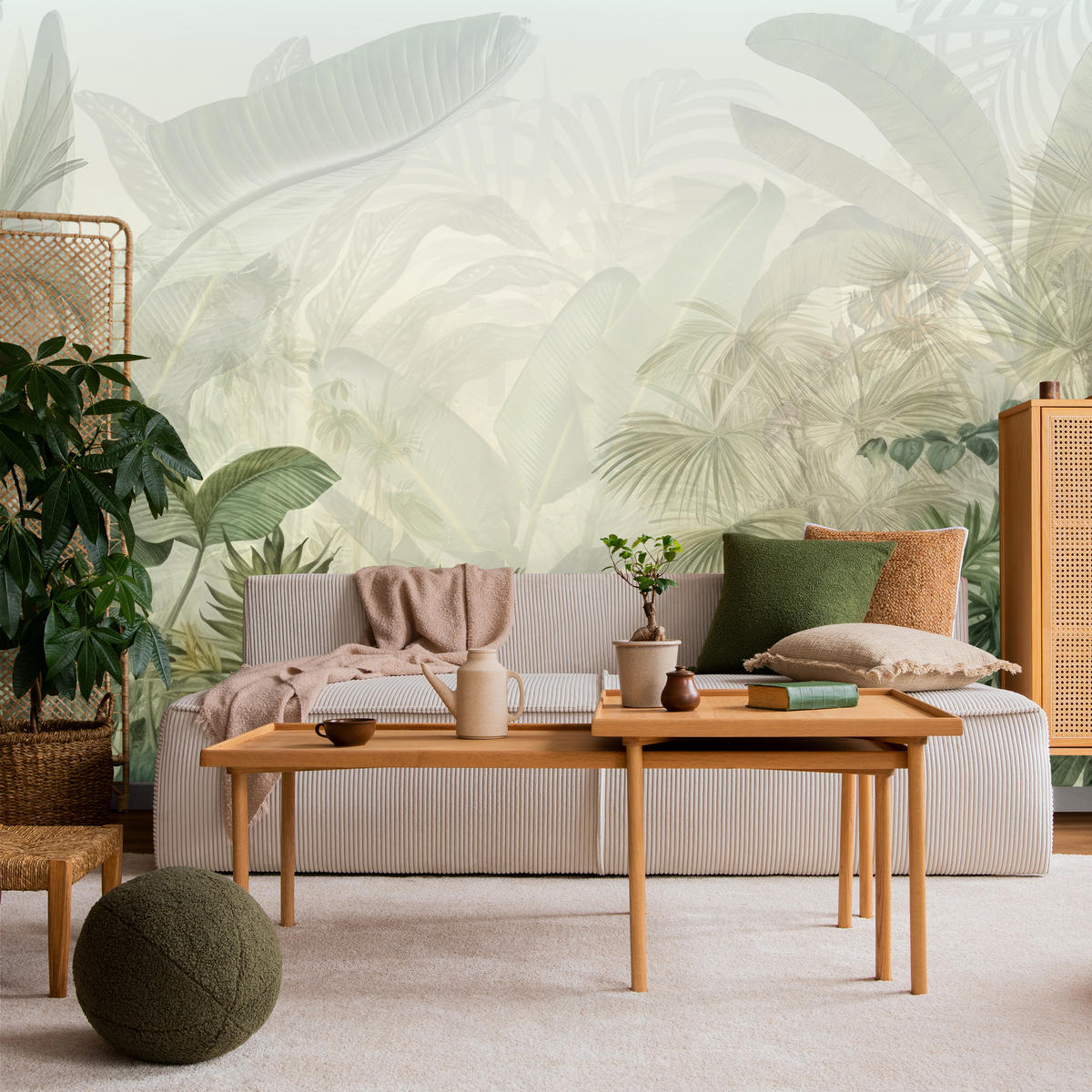 FOTOTAPETE für Schlafzimmer Tropenpflanzen Nebel Palmen Blätter 100x70 - Weiß/Grau, Papier (100/70cm) - Muralo