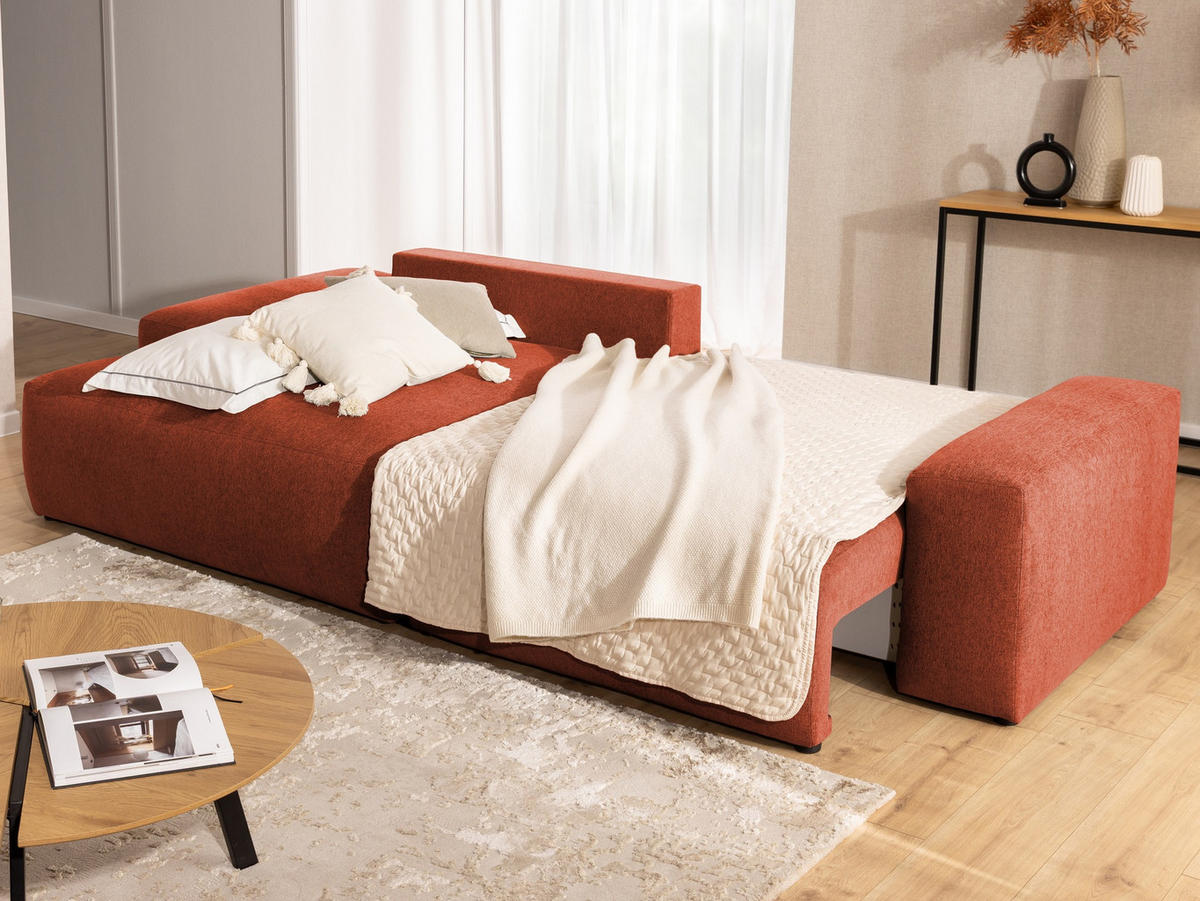ECKSOFA Lennon aus Terrakotta Strukturstoff mit Schlaffunktion und Bettkasten - Terracotta/Schwarz, Holz/Kunststoff (137/264cm) - S-Style