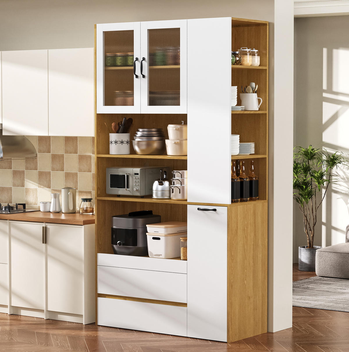 SKANDI-HIGHBOARD 100/40/200 cm mit 2 Schubladen und Riffelglas - Weiß, Holzwerkstoff (100/200/40cm) - BEAOK