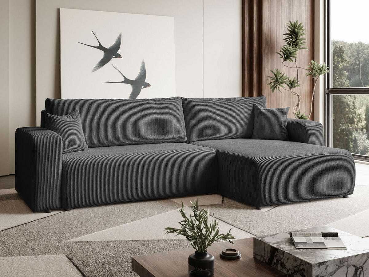 ECKSOFA Sofia in L-Form 277 x 143 cm Schlaffunktion Bettkasten Couch Cord universale Seite, dunkelgrau - Dunkelgrau, Kunststoff (143/83/277cm) - Margaret Hadas24