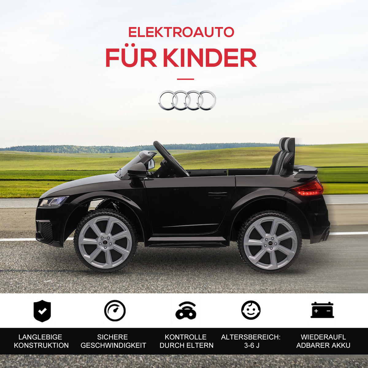 KINDER Elektroauto 12V Kinderauto mit 2,4G Fernbedienung, Musik, Schwarz - Schwarz, Metall (102/60/44cm) - HOMCOM