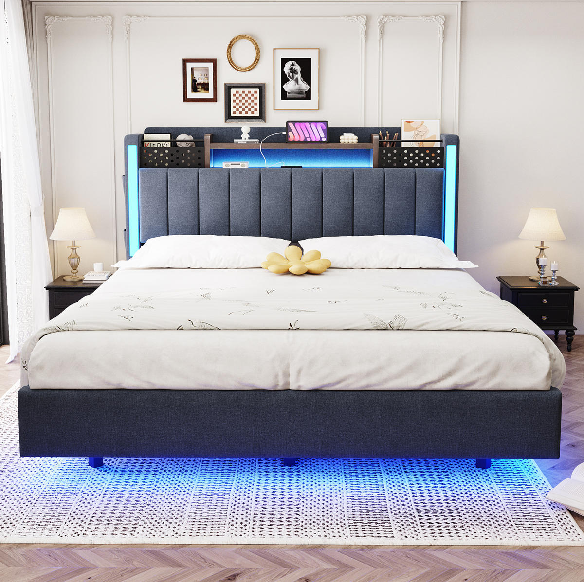 ČALÚNENÁ posteľ z ľanu 140x200 cm sivá s LED osvetlením, USB portom a úložným čelom - sivá, textil (140/200cm) - Modfu