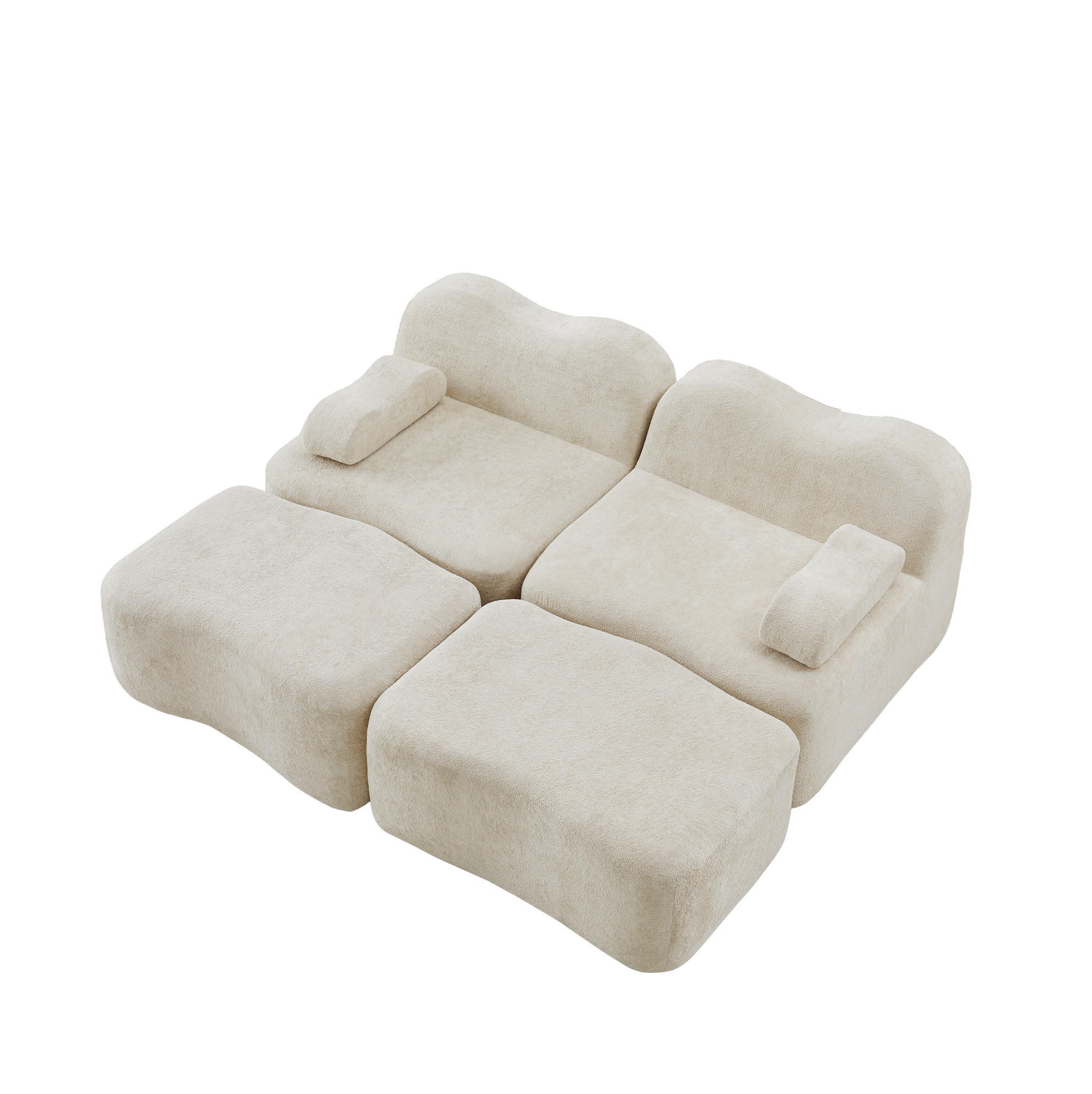 Modfu 2-MIESTNA pohovka z velúru 2-sedačka 192x167x70 cm beige s 2 taburetmi, bezrámová, s protišmykovým spojením a hlbokým sedením