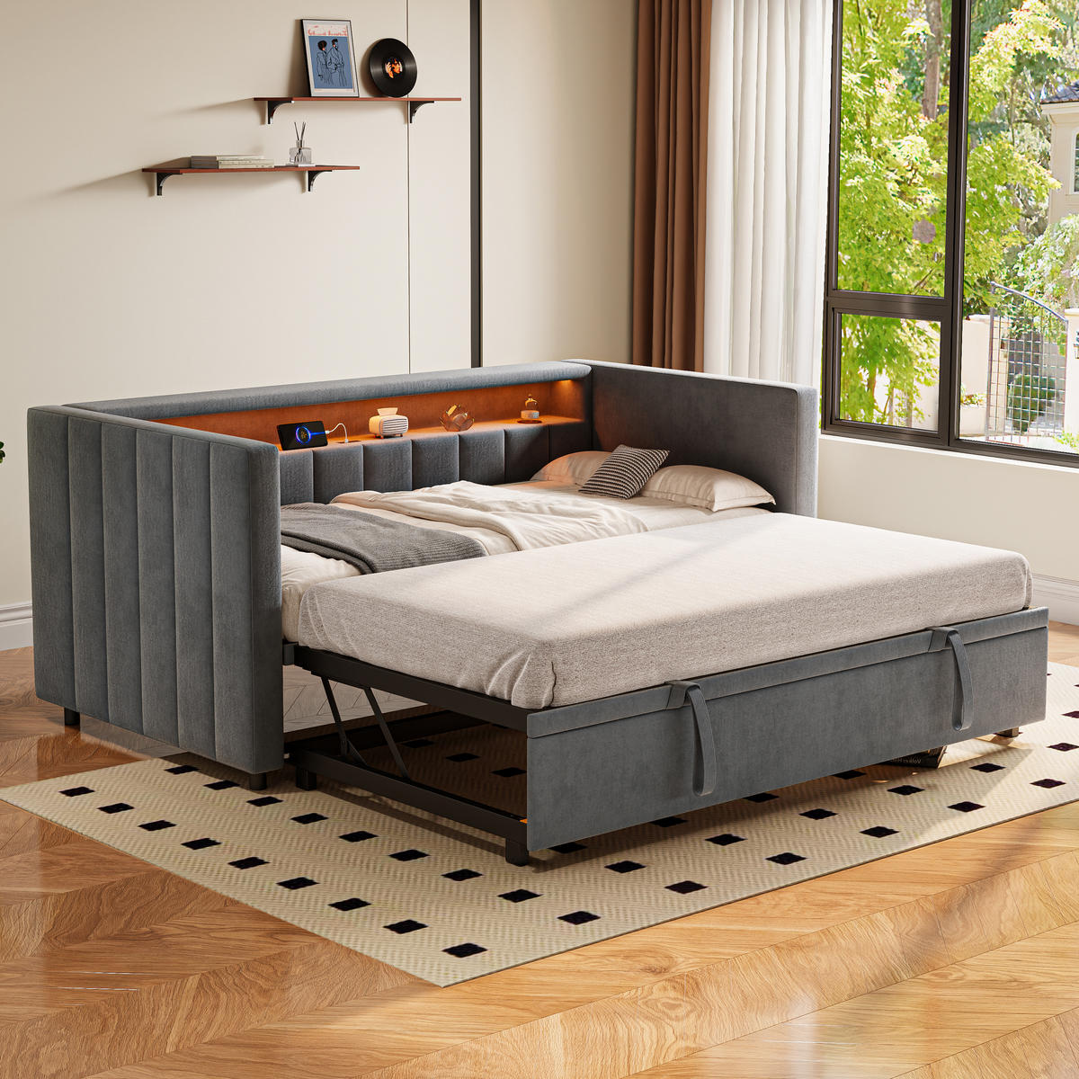 BETT mit Stauraum & Ausziehbett mit USB-C Anschluss und LED-Beleuchtung Beige 196/82-144/85 cm - Dunkelgrau, Textil - OKWISH