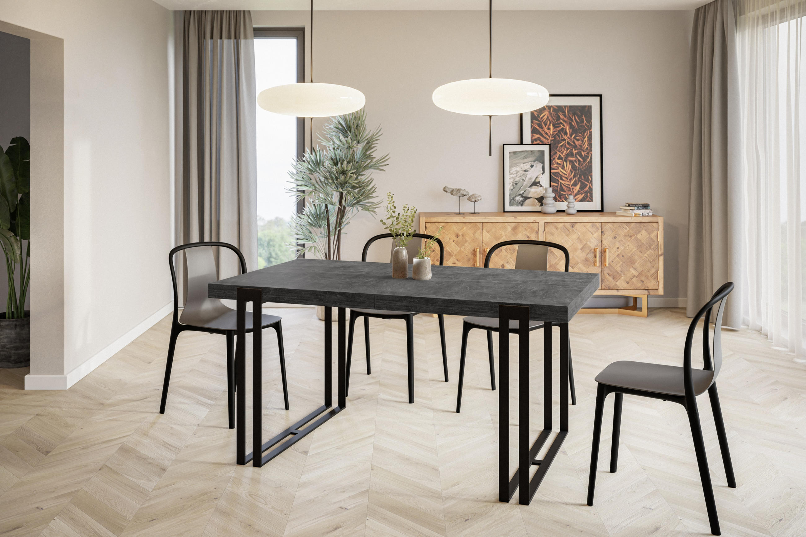 ESSZIMMERTISCH ROSA 200X90X77 cm, Farbe: Dunkelgrau, mit Metallbeinen in Farbe Schwarz - Dunkelgrau/Schwarz, Holzwerkstoff (200/90/77cm) - Alpi-Möbel