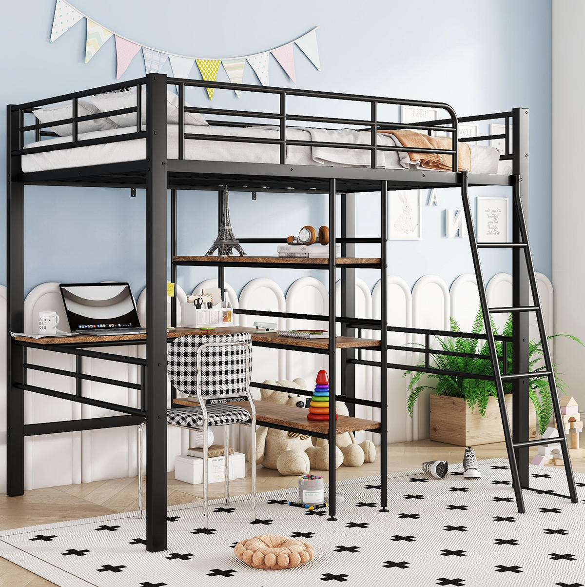 HOCHBETT 90/200 cm aus Metall mit Schreibtisch und Regalen Schwarz - Schwarz, Metall (90/200cm) - Modenvie