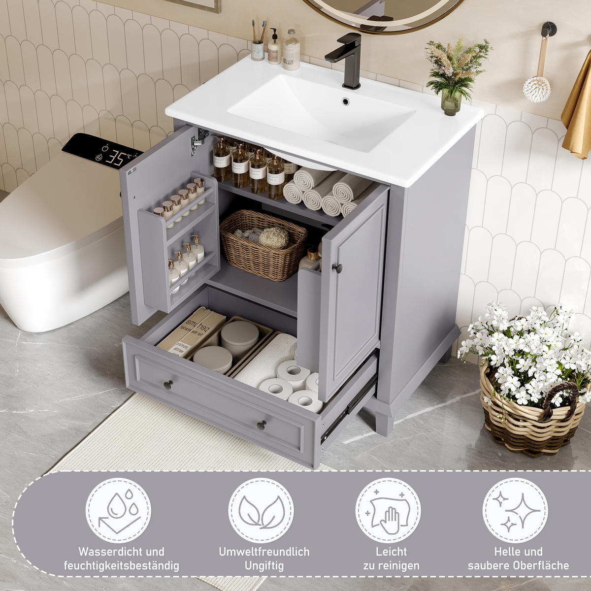 WASCHTISCHKOMBI Schwarz mit Doppelbecken & 2 Schubladen - Grau, Keramik/Holzwerkstoff (76/87/46cm) - Urban Meuble