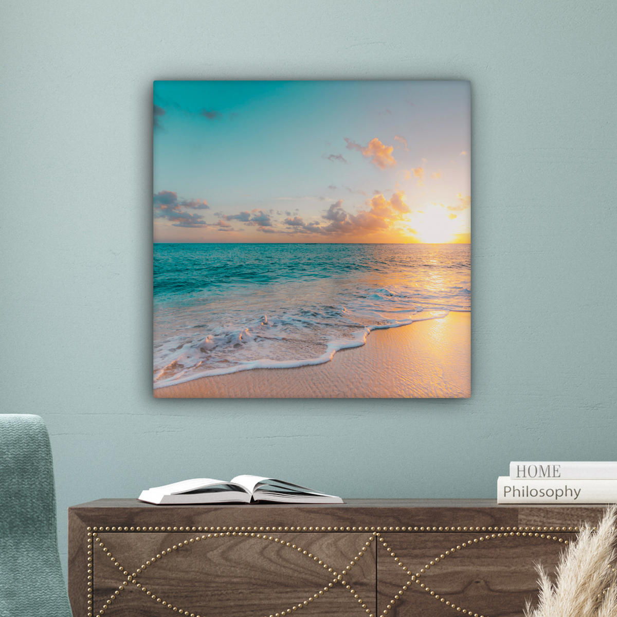 LEINWANDBILD - Sonnenuntergang - Strand - Meer - Sommer - Blau - 50x50 - Room Decor - Multicolor, Textil (50/50cm) - MuchoWow