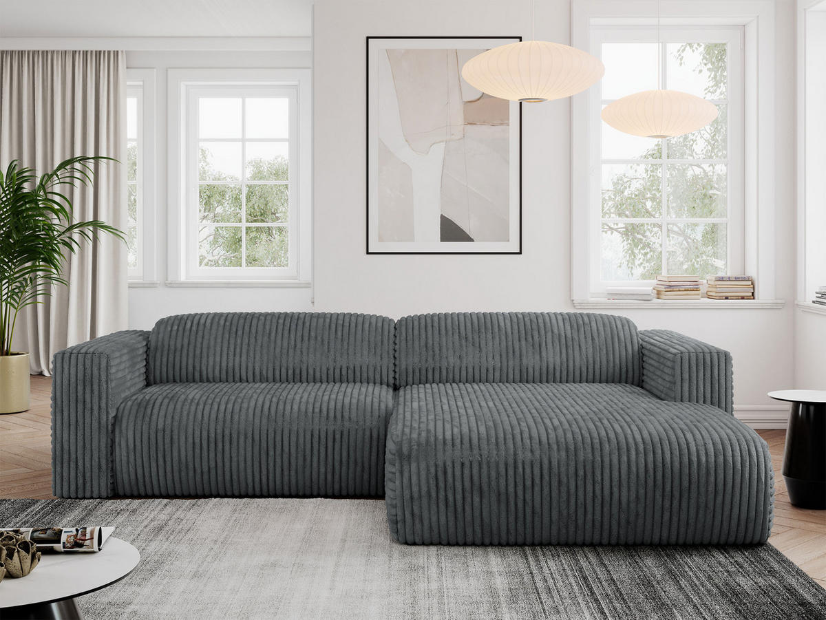 ECKSOFA PASADENA Dunkelgrau Cord - Rechts Seite - Dunkelgrau/Schwarz, Kunststoff/Textil (180/288cm) - MKS