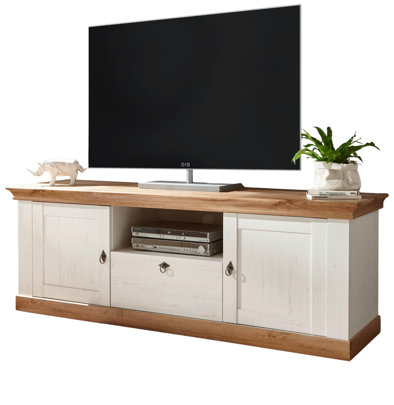 TV-LOWBOARD weiß Pinie, Eiche Wotan 183 cm, Landhaus Fernsehtisch mit Komforthöhe - Silberfarben/Eiche Wotan, Holzwerkstoff/Metall (182/64/52cm) - Furn.Design