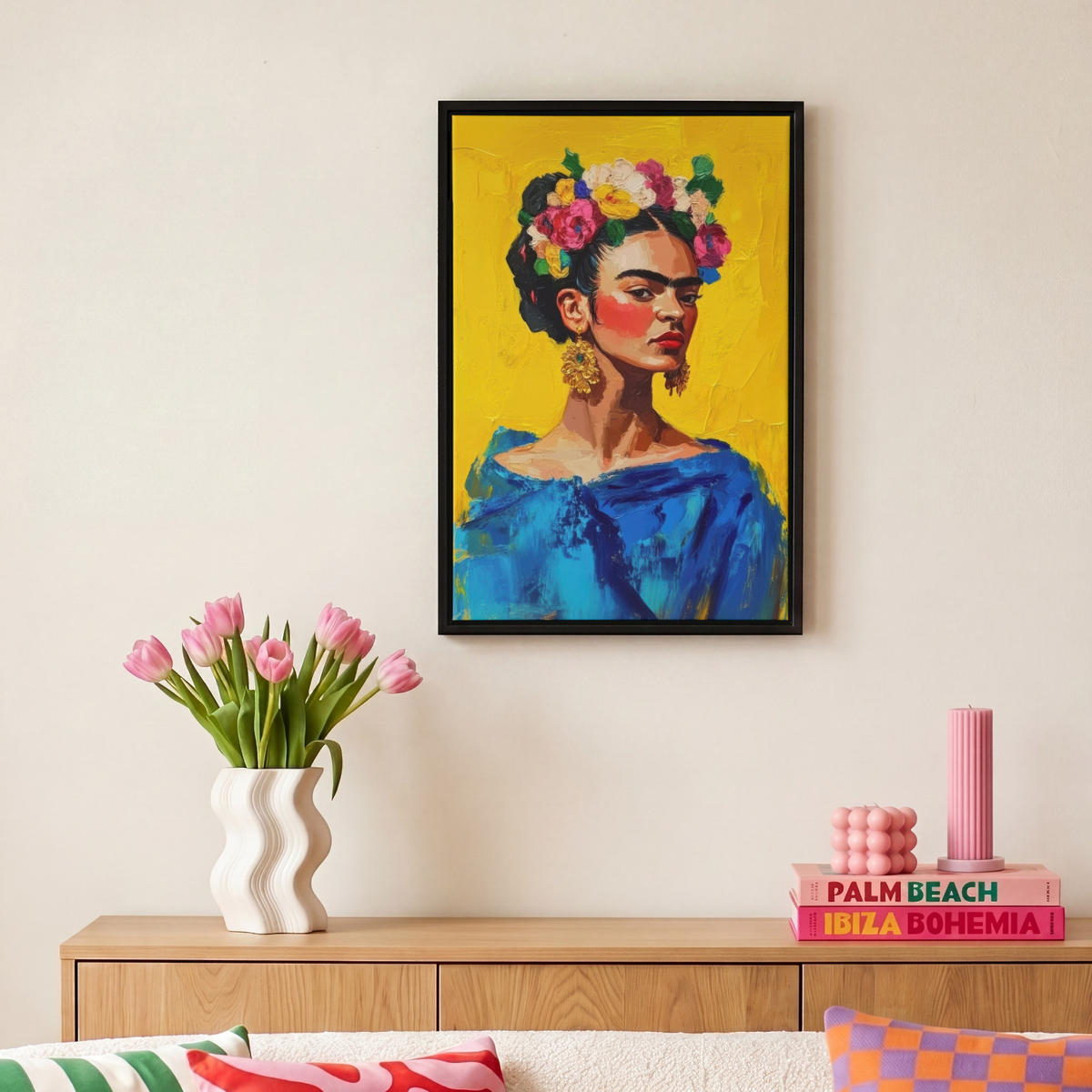 LEINWAND Bilder mit Rahmen - Frida Kahlo - Frau - Gelb - Blau - Blumen - 20x30 - Gelb, Textil (20/30cm) - MuchoWow