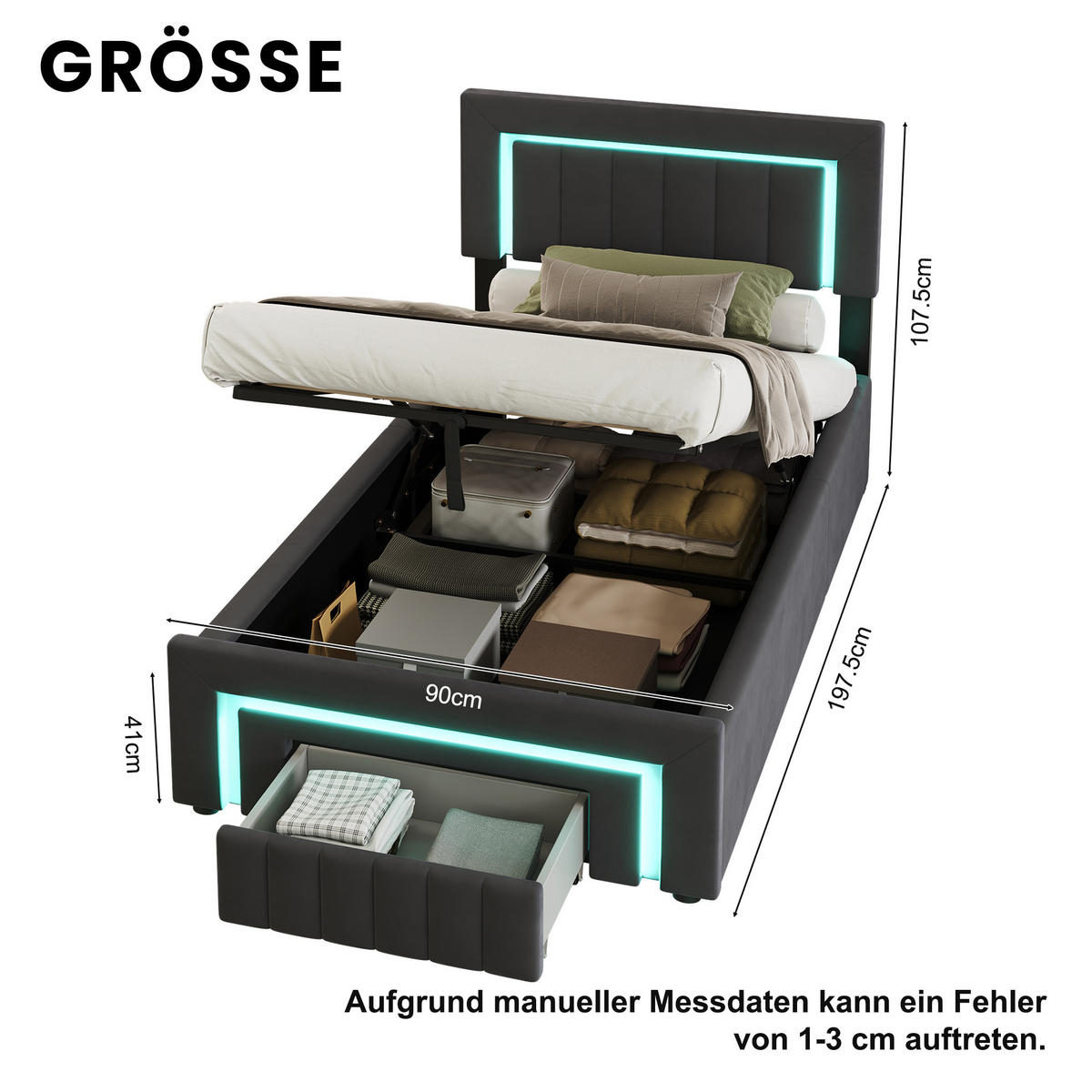 POLSTERBETT 90/190 cm mit hydraulischem Bettkasten, Schublade mit Rollen, LED-Beleuchtung, Grau - Grau, Textil (90/190cm) - Redom