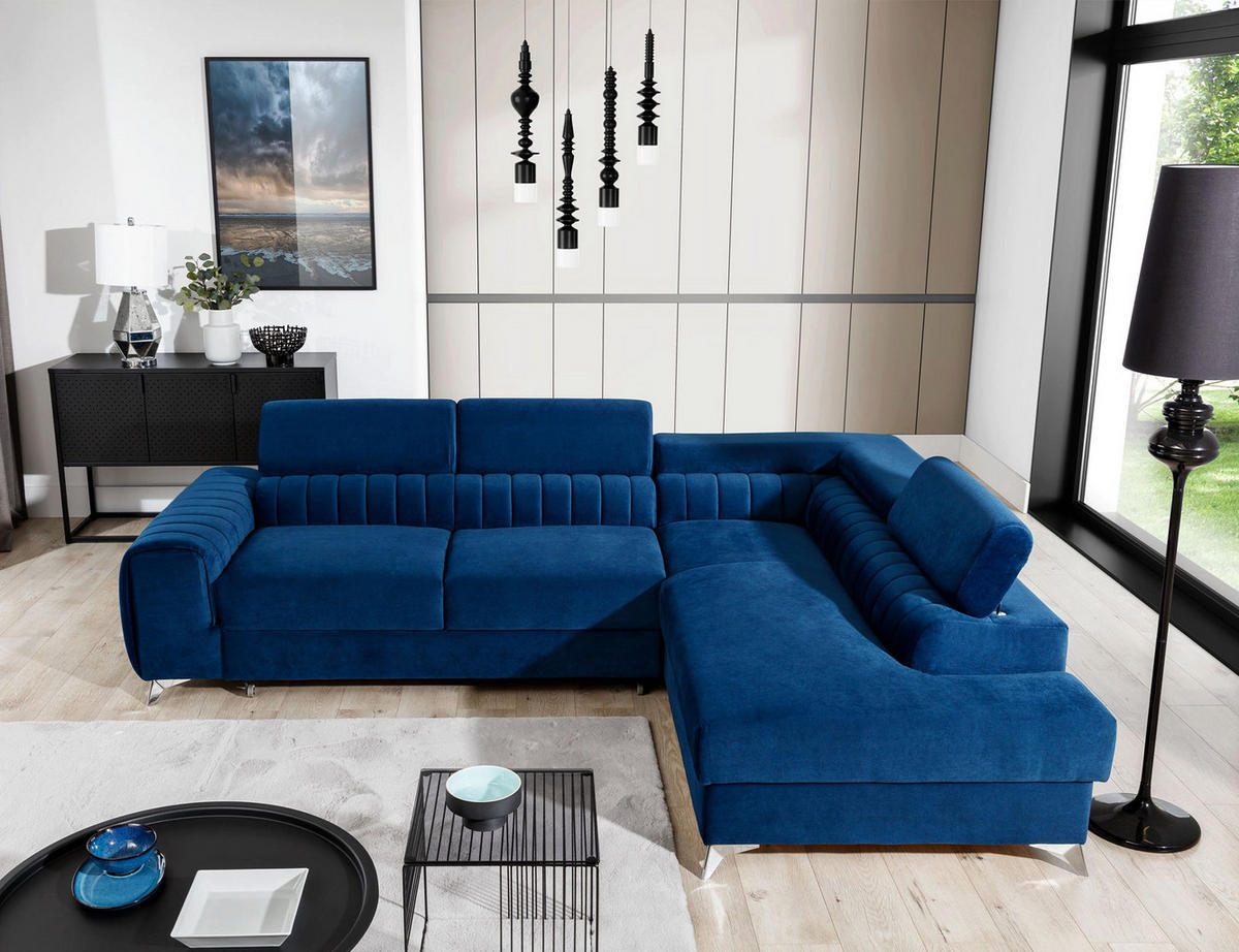 ECKSOFA Laurence mit Schlaffunktion & Bettkasten – 278 x 205 cm, verstellbare Kopfstützen - Blau, Kunststoff (278/205cm) - Wohnideebilder