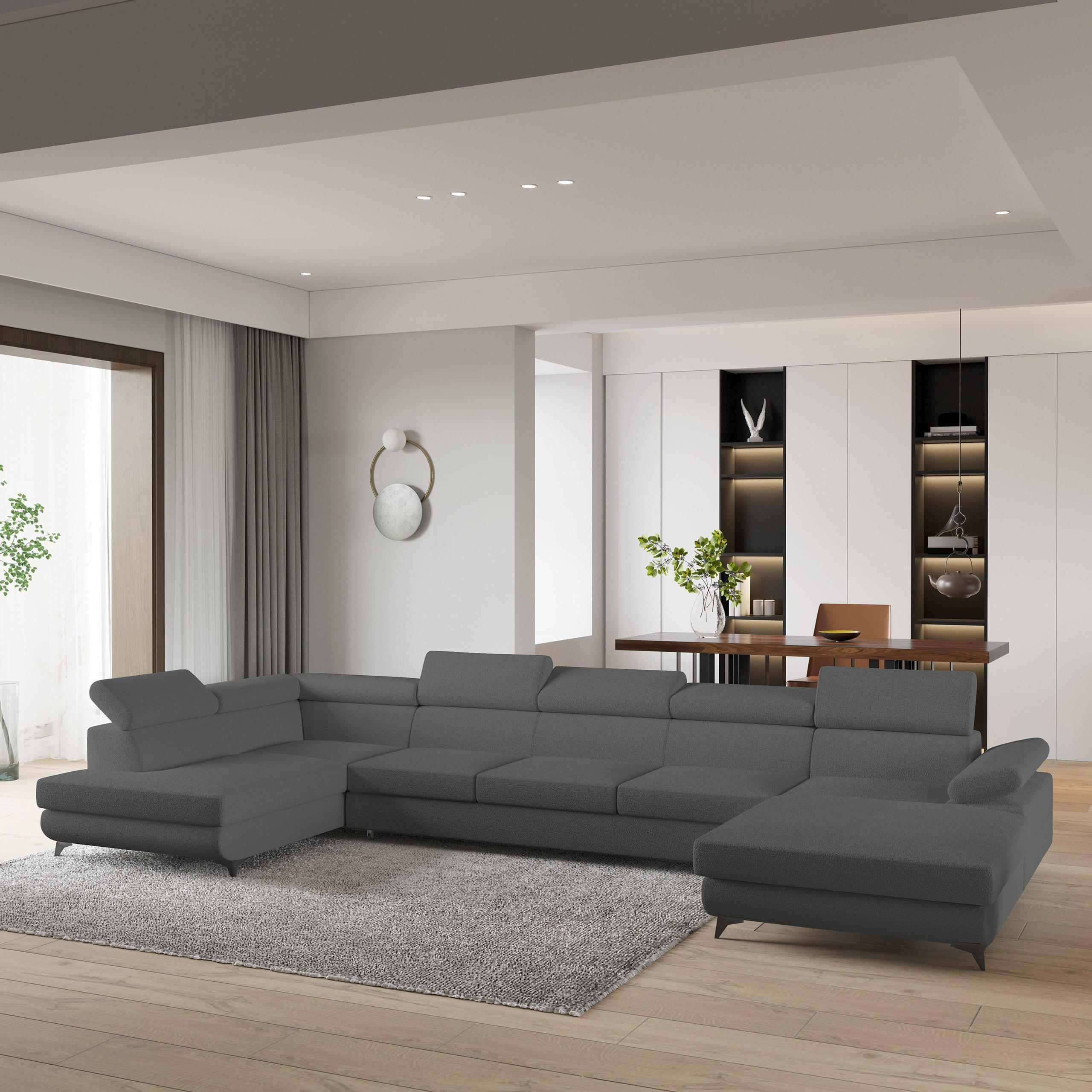 WOHNLANDSCHAFT MONTIVA Grau Boucle-Stoff mit Schlaffunktion - Grau, Holz (410/89/190cm) - MASSENO