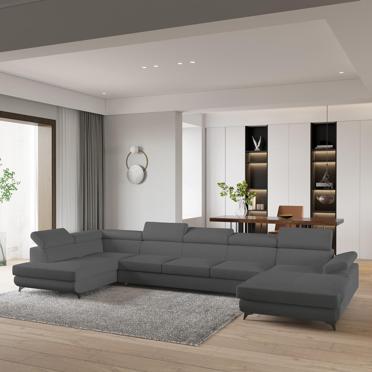 WOHNLANDSCHAFT MONTIVA Grau Boucle-Stoff mit Schlaffunktion - Grau, Holz (410/89/190cm) - MASSENO