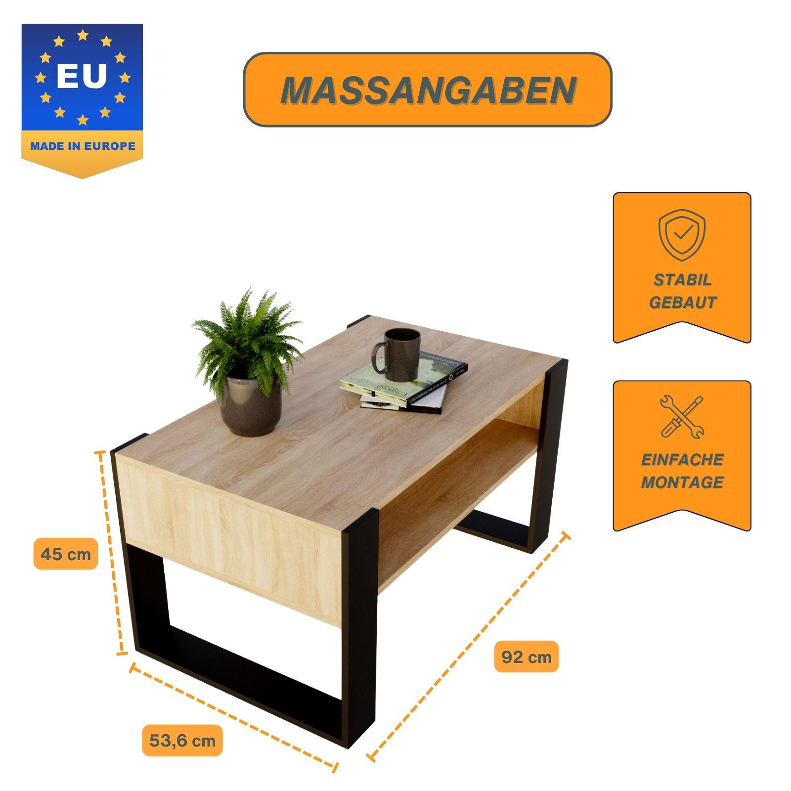 COUCHTISCH Holzwerkstoff rechteckig stabil Sonoma Eiche 45/53,6/92cm - Schwarz/Sonoma Eiche, Holzwerkstoff (53.6/92/45cm) - CraftPAK