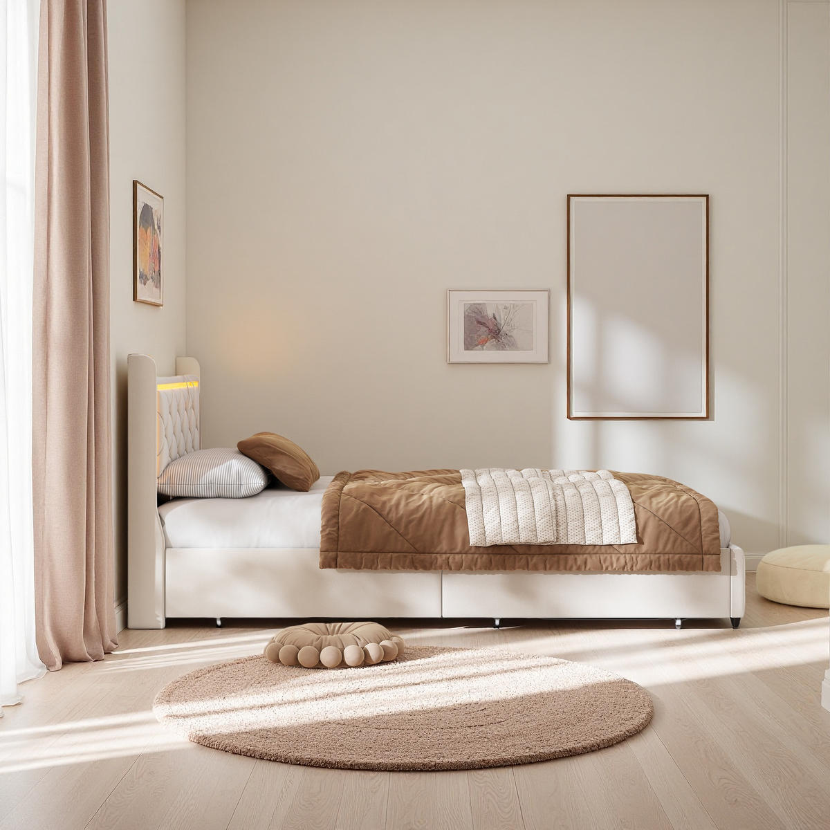 ČALÚNENÁ posteľ 90x200 cm béžová zamatová LED úložná jednotka s USB - béžová, kov - SHOPENTRA