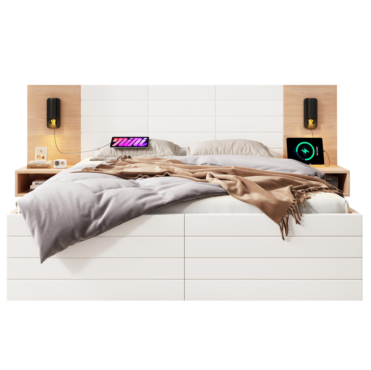 BETT 140/200 cm mit Kopfteil, 2 Schubladen, USB & Leselicht, inkl. Lattenrost - Weiß, Holzwerkstoff (140/200cm) - BEAOK