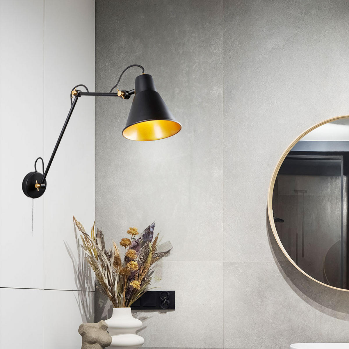 WANDLEUCHTE Stahl Schwarz Gold - Schwarz, Metall (14/70/77cm) - SearchLight