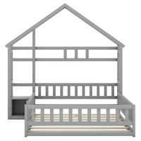 HAUSBETT 140/200 cm mit Schutzgeländer und Nachttisch, Grau - Grau, Holz