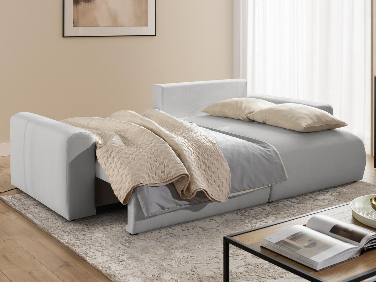 ECKSOFA Calma mit Schlaffunktion und Bettkasten im Bumpy-Design aus weichem Grau Webstoff - Ottomane rechts - Schwarz/Grau, Holz/Kunststoff (140/239cm) - S-Style