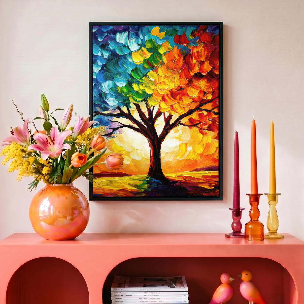 LEINWAND Bilder mit Rahmen - Baum - Kunst - Natur - Sonnenuntergang - 30x40 - Multicolor, Textil (30/40cm) - MuchoWow
