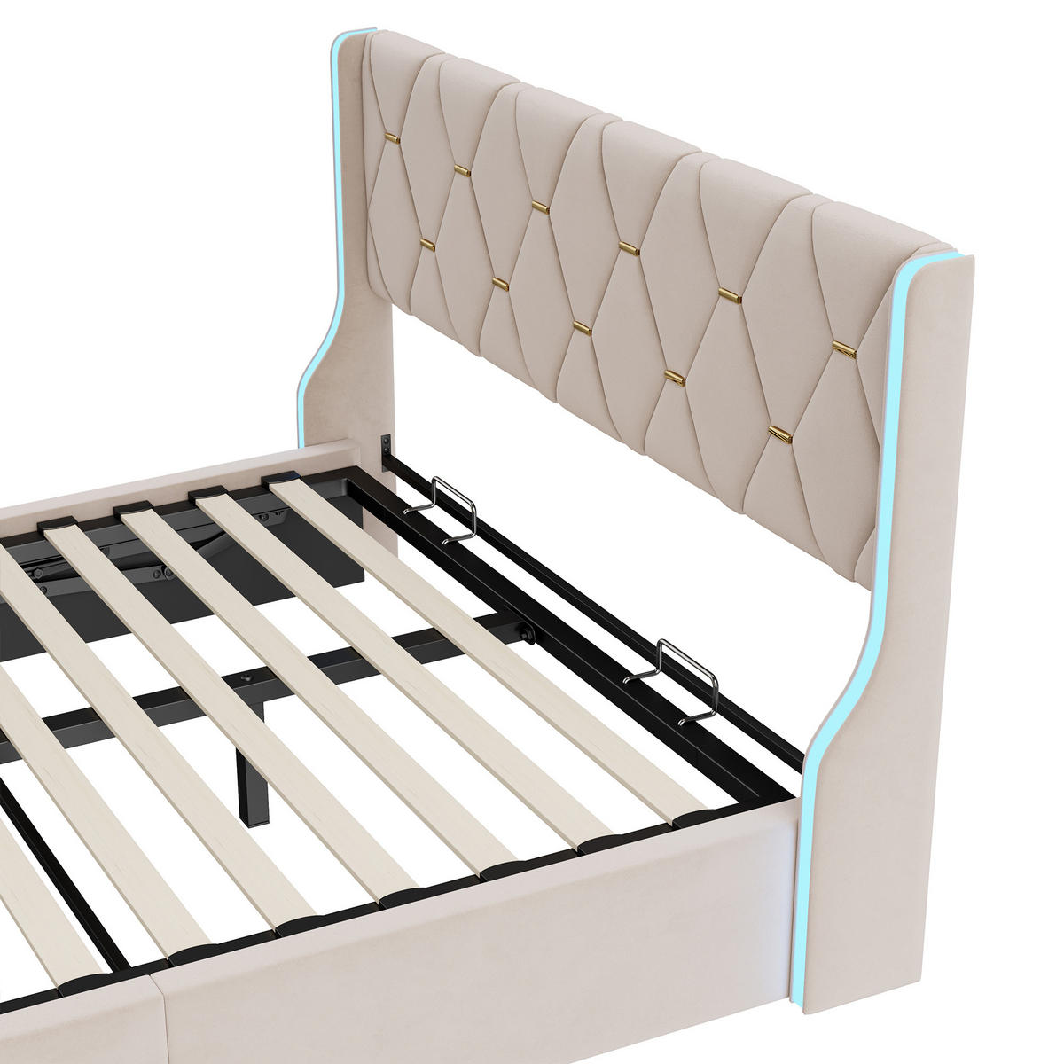 POLSTERBETT 140x200 cm mit LED, Doppelbett 140x200 cm mit Bettkasten, Lattenrost, Bett 140x200, Beige samt - Beige, Holzwerkstoff/Textil (140/200cm) - GENKI LIVING