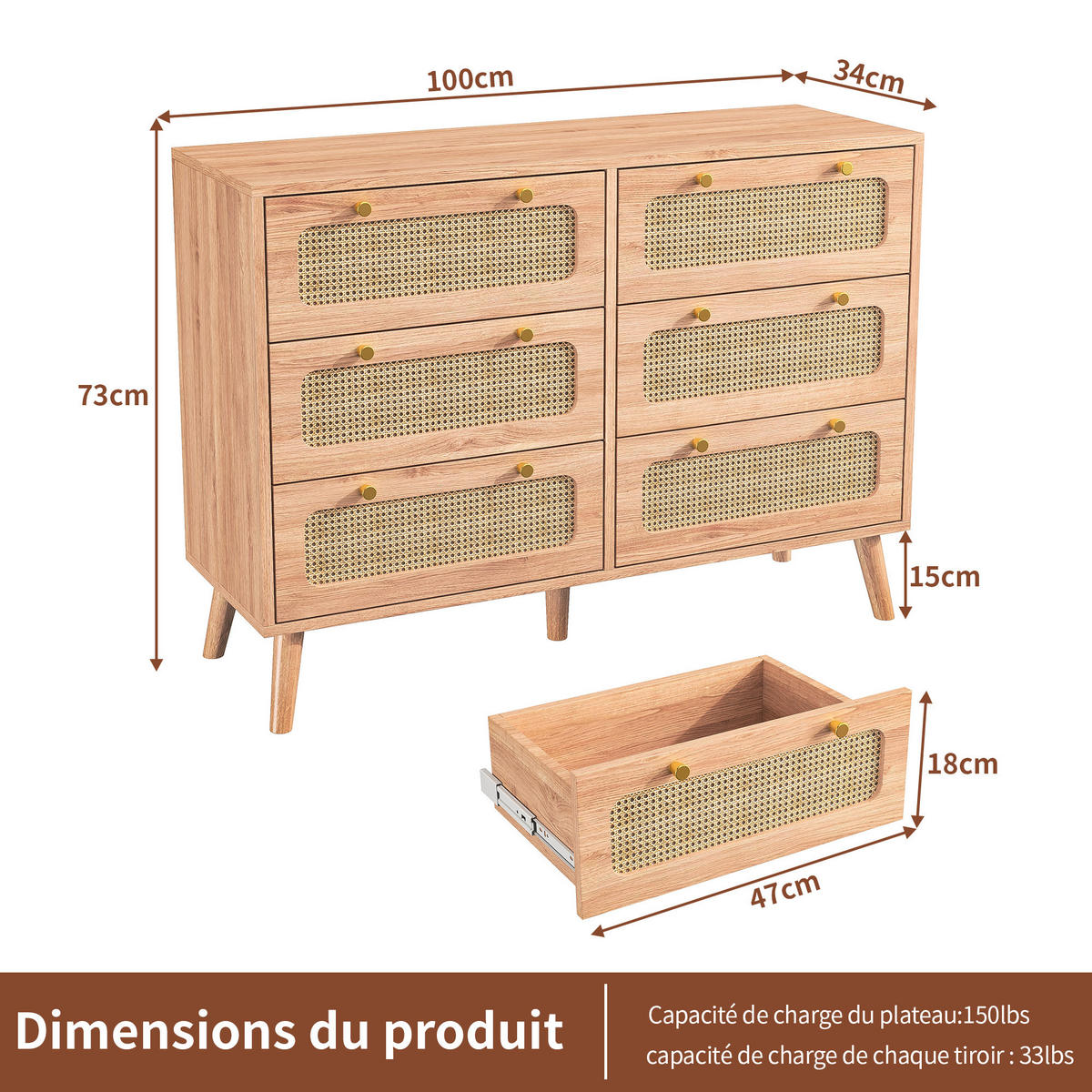 KOMMODE 6 Schubladen Rattan Boho Holz - Naturfarben, Holz (34/73/100cm) - Fortuna Lai