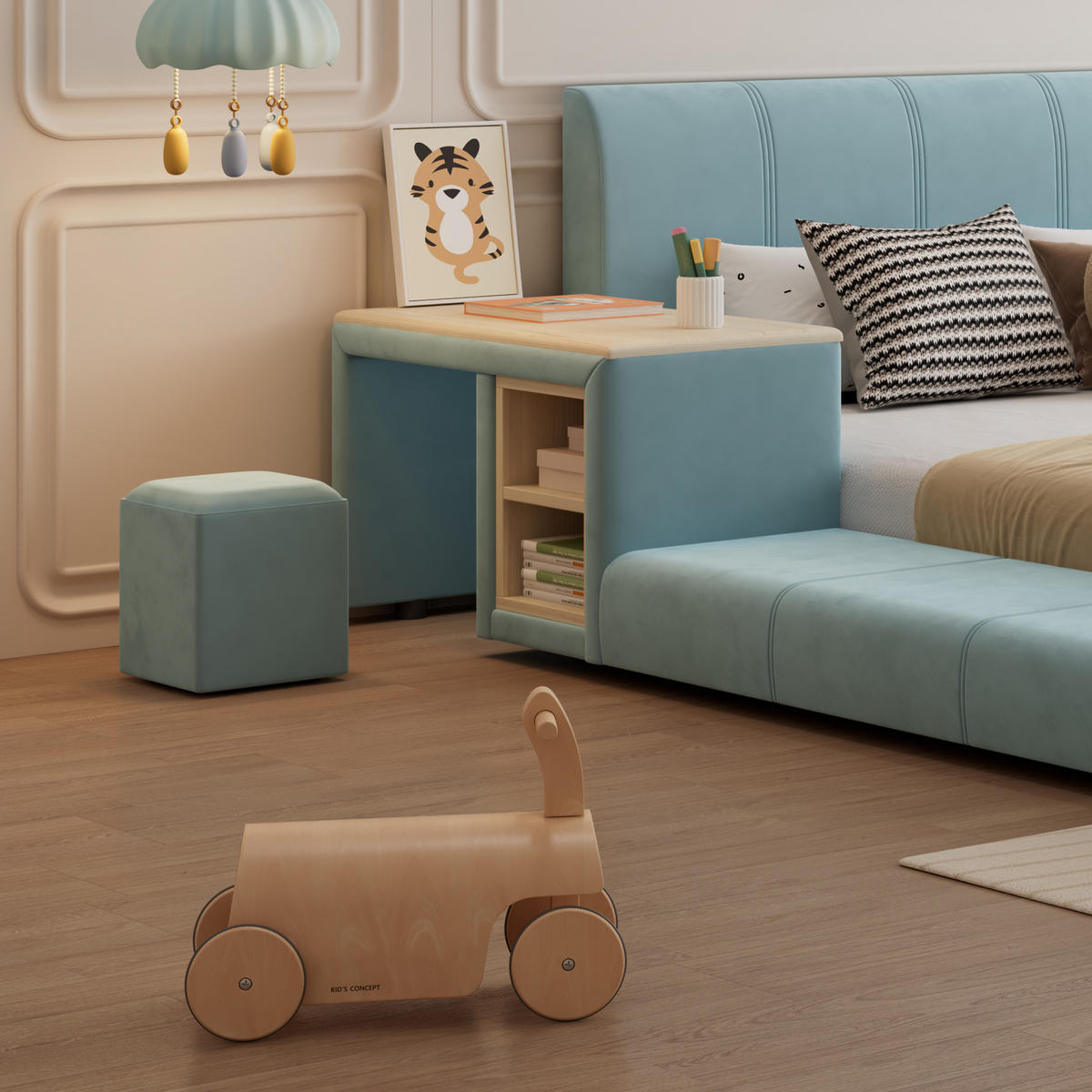 POLSTERBETT 140/200 cm in Blau & Natur mit Schreibtisch, Hocker und Ablageboden Samt - Blau, Holzwerkstoff/Textil (140/200cm) - CHICFURN