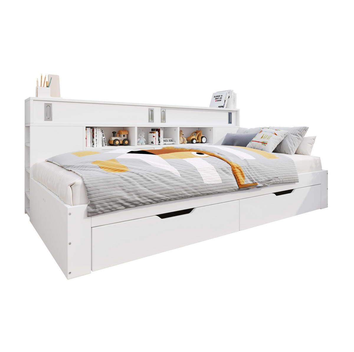 POSTEL 140/200 cm bílá z MDF s úložnými zásuvkami a policemi - bílá, kompozitní dřevo (140/200cm) - OKWISH