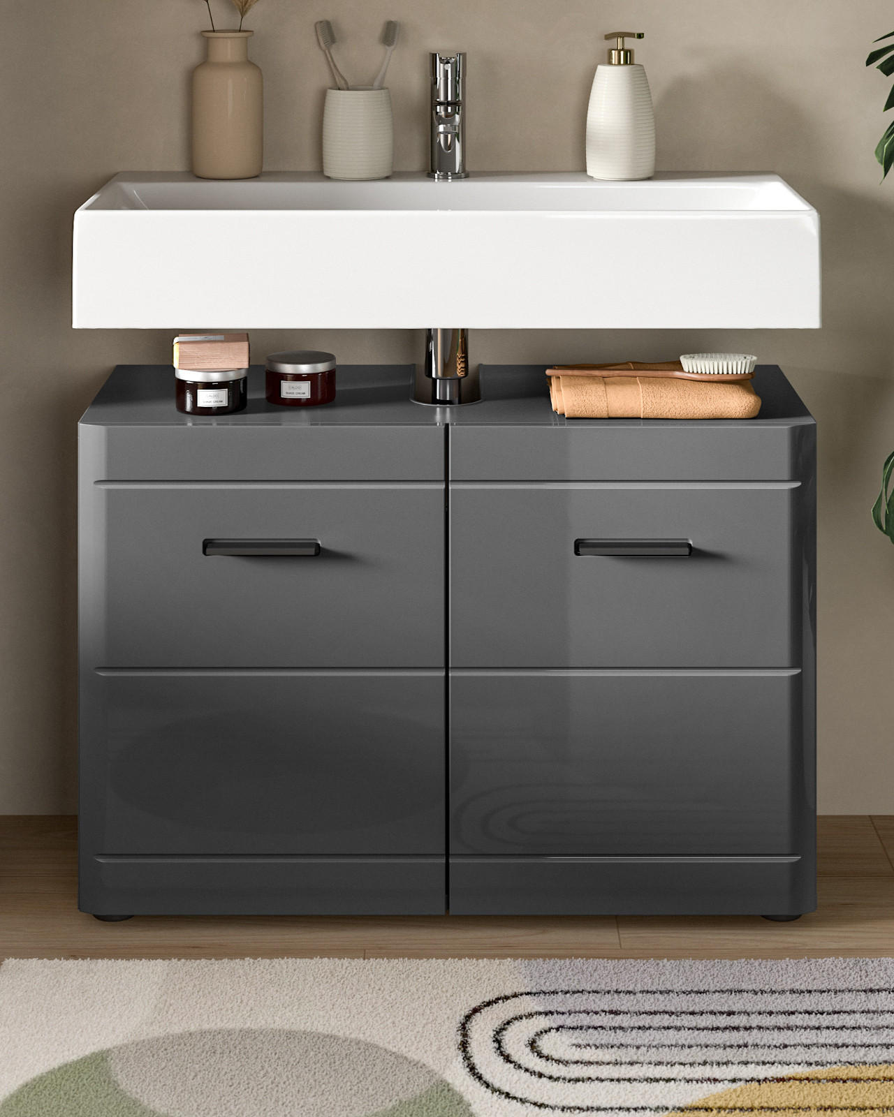 WASCHBECKENUNTERSCHRANK grau Hochglanz 80 cm mit Soft-Close - Schwarz/Grau, Holzwerkstoff/Kunststoff (80/56/34cm)