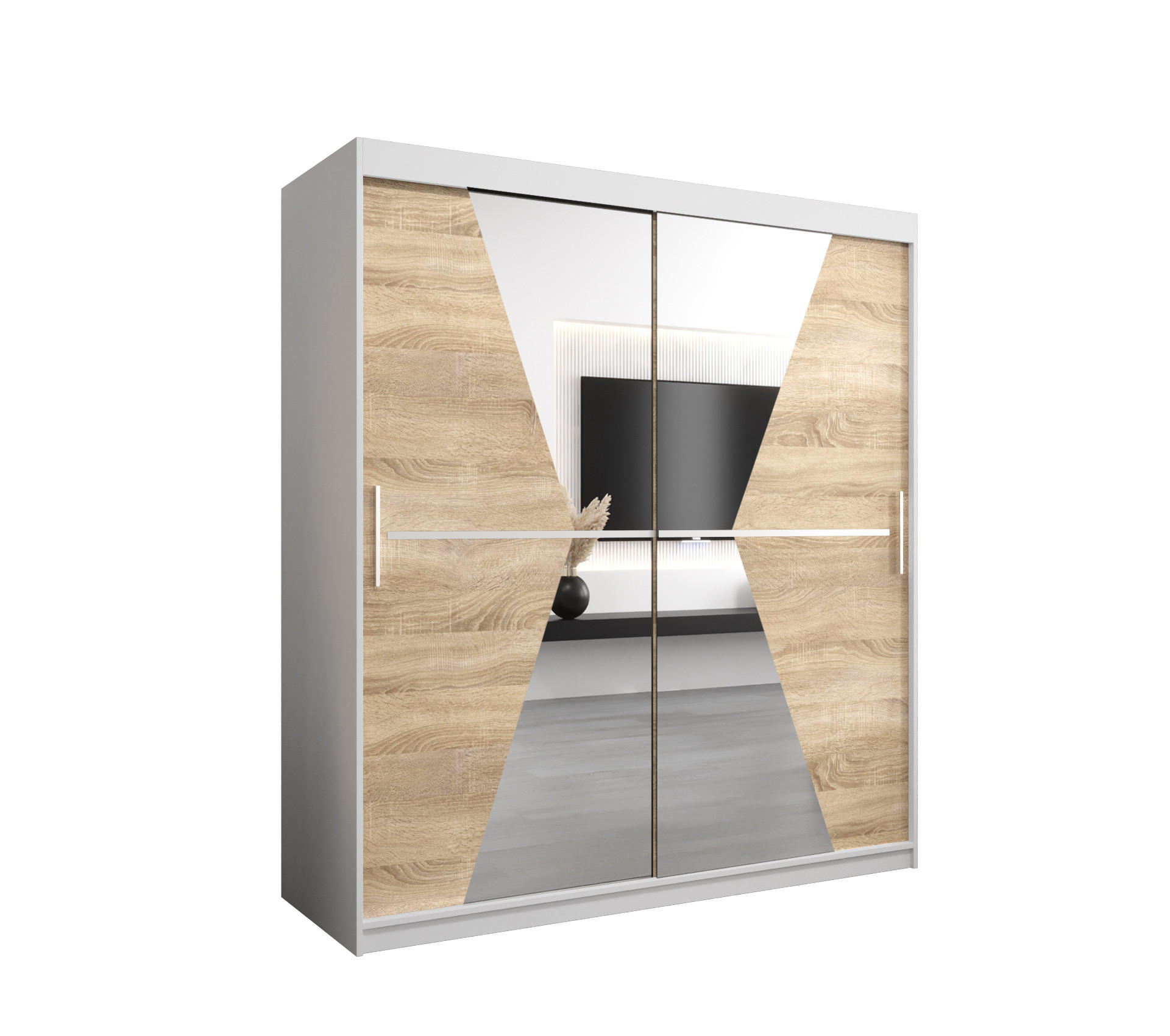 Abiks Möbel Schwebetürenschrank Weiß, Sonoma Eiche 180x200x62 cm