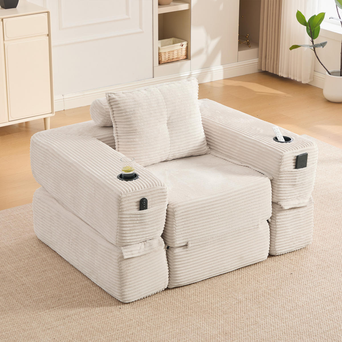 SCHLAFSOFA DE-33602 mit Federkern und Getränkehalter Beige - Beige, Textil (122/80/98cm) - ComfortXL