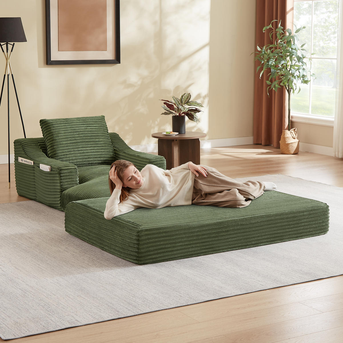 SOFA Cord Grün mit Schlaffunktion - Grün, Textil (100/68/162cm) - WISHDOR