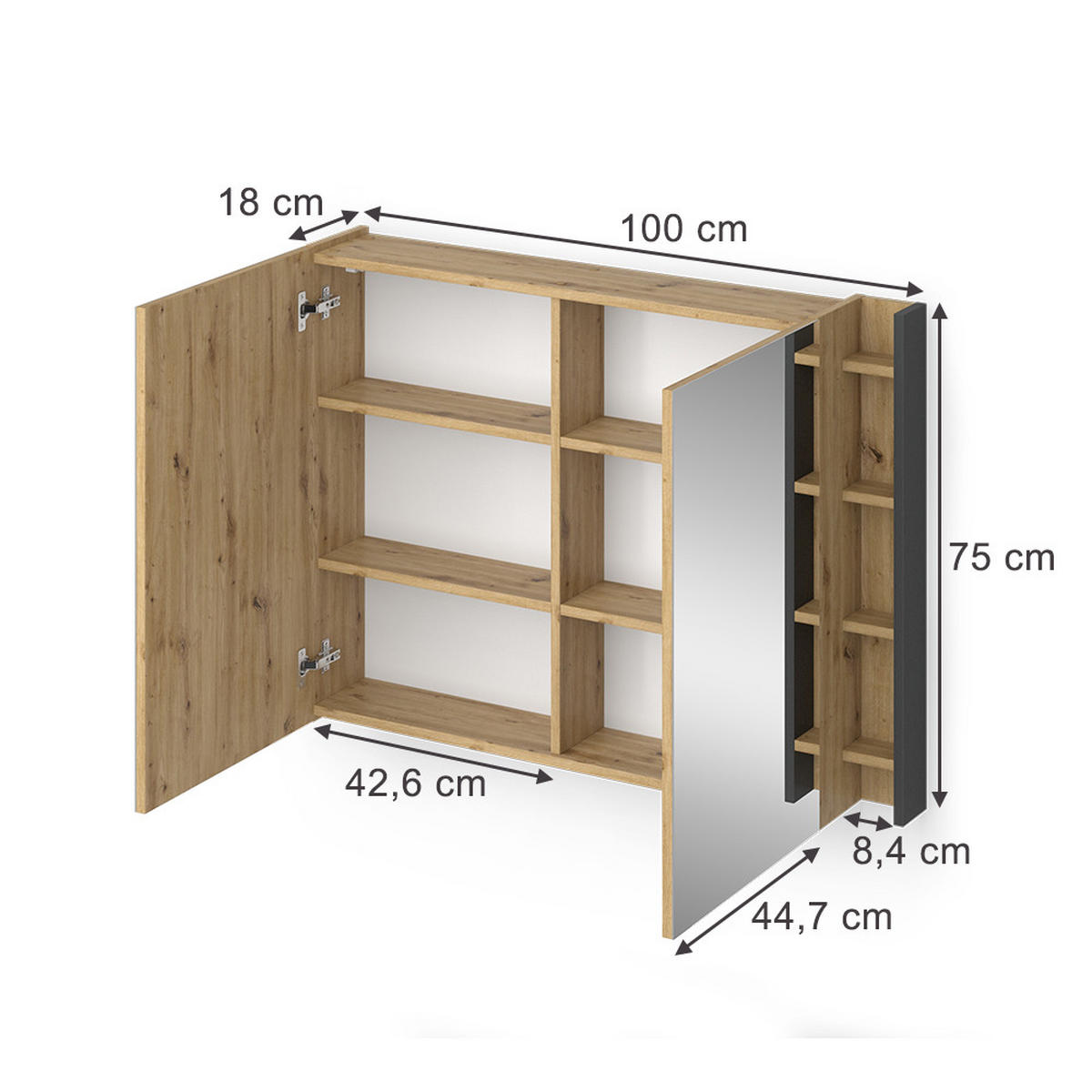 BADSPIEGELSCHRANK Edelin Anthrazit/Artisan 100 x 75 cm mit Regalen - Anthrazit/Eiche Artisan, Holzwerkstoff (100/75/18cm) - Vicco