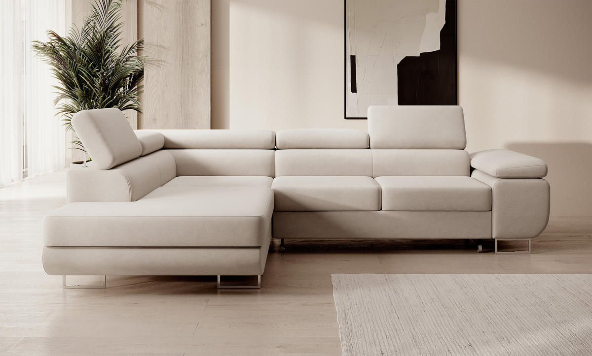 ECKSOFA Stevil Hellbeige Velours - Ecru/Silberfarben, Textil/Metall (275/203cm) - Selsey